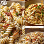 Bowl of creamy chicken bacon ranch pasta topped with herbs as a cozy main course idea.